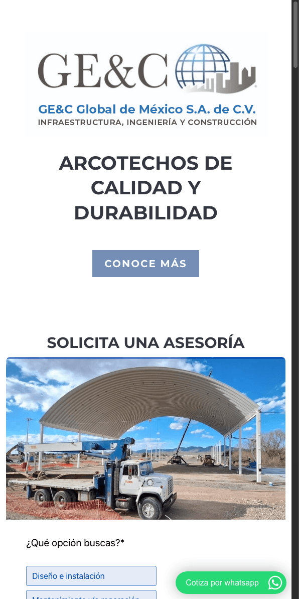 Sitio web de Arco Techos en celular