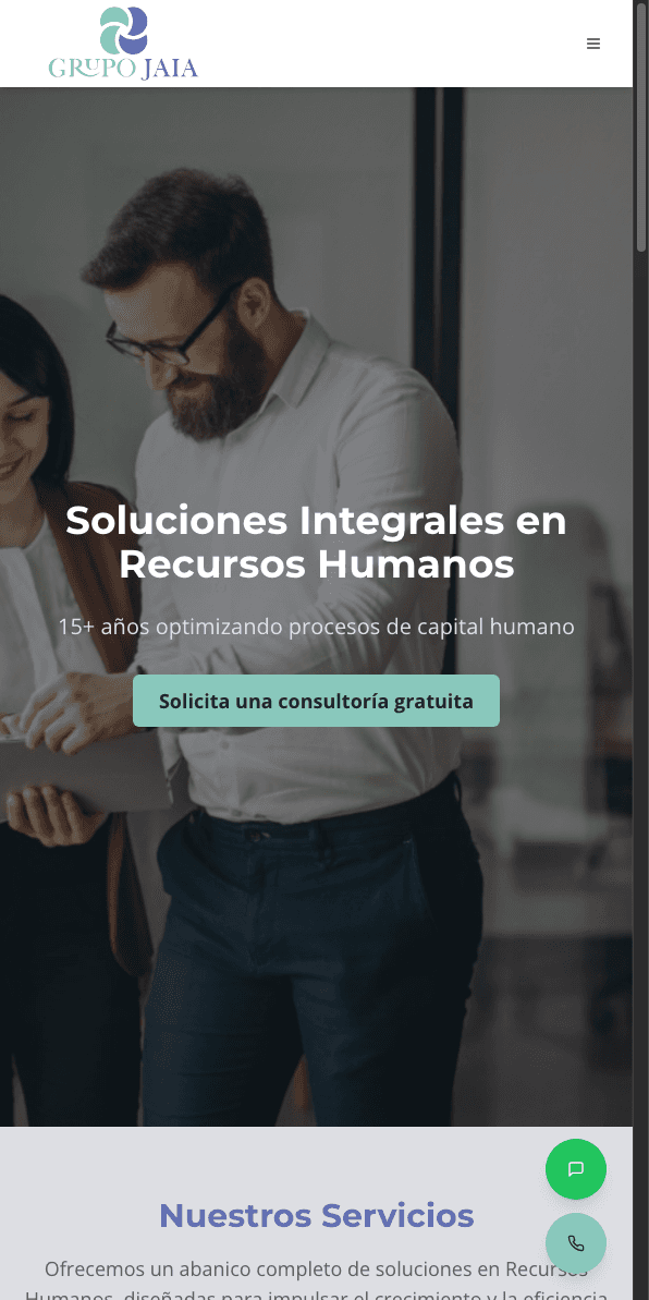 Sitio web de Grupo Jaia en celular