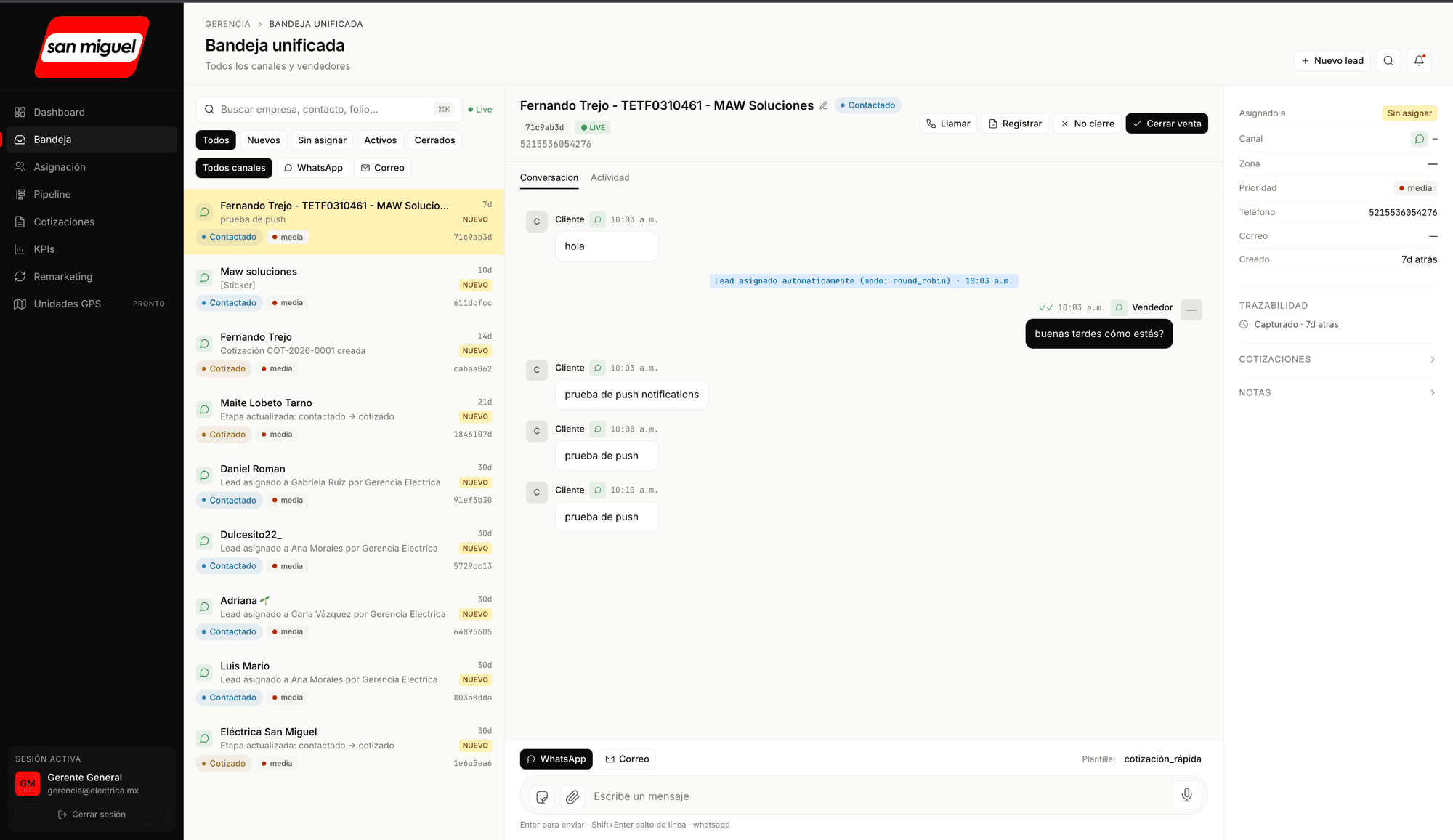 Bandeja unificada del CRM: conversaciones de WhatsApp por vendedor con asignación automática