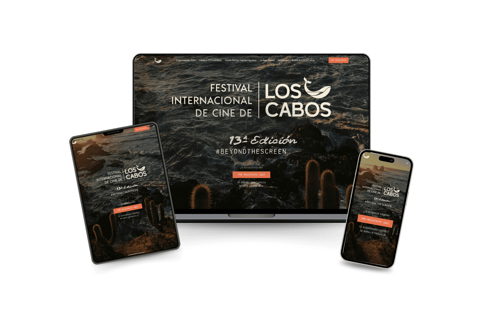 Sitio del Festival Internacional de Cine de Los Cabos en laptop, tablet y teléfono