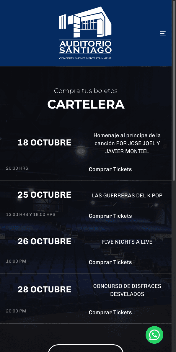Sitio web de Auditorio Santiago en celular