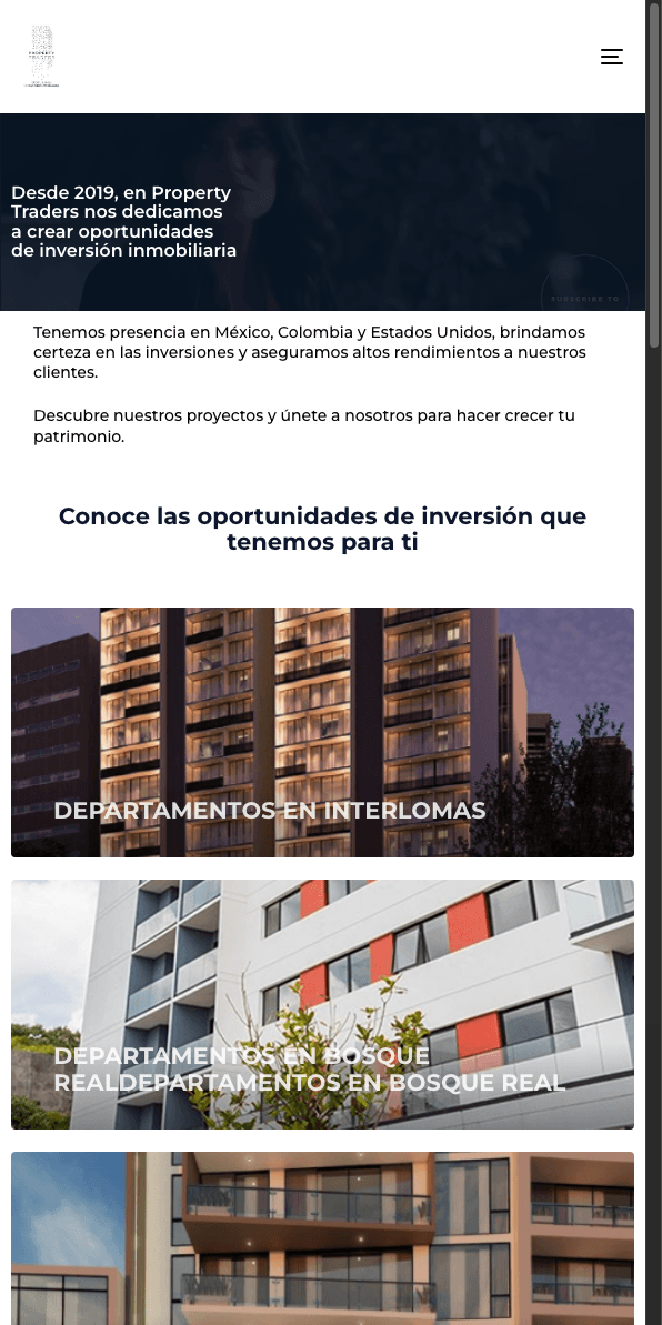 Sitio web de Property Traders en celular