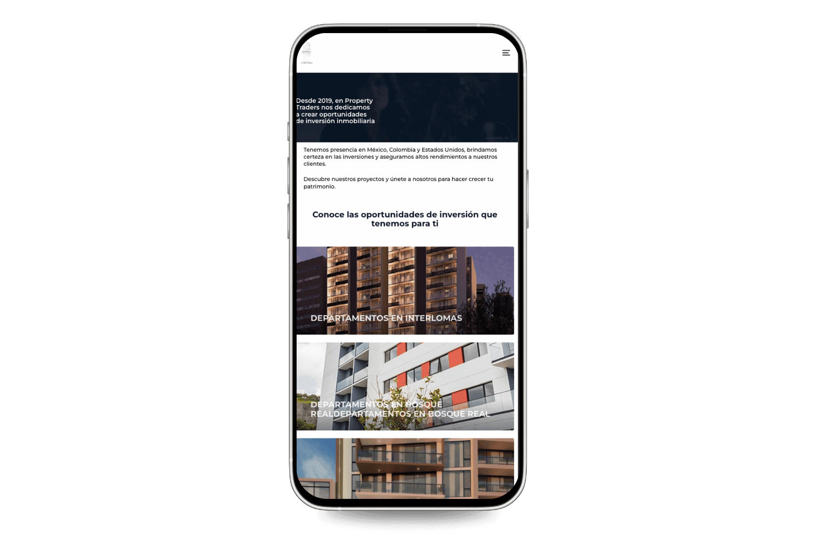 Mockup del sitio de Property Traders