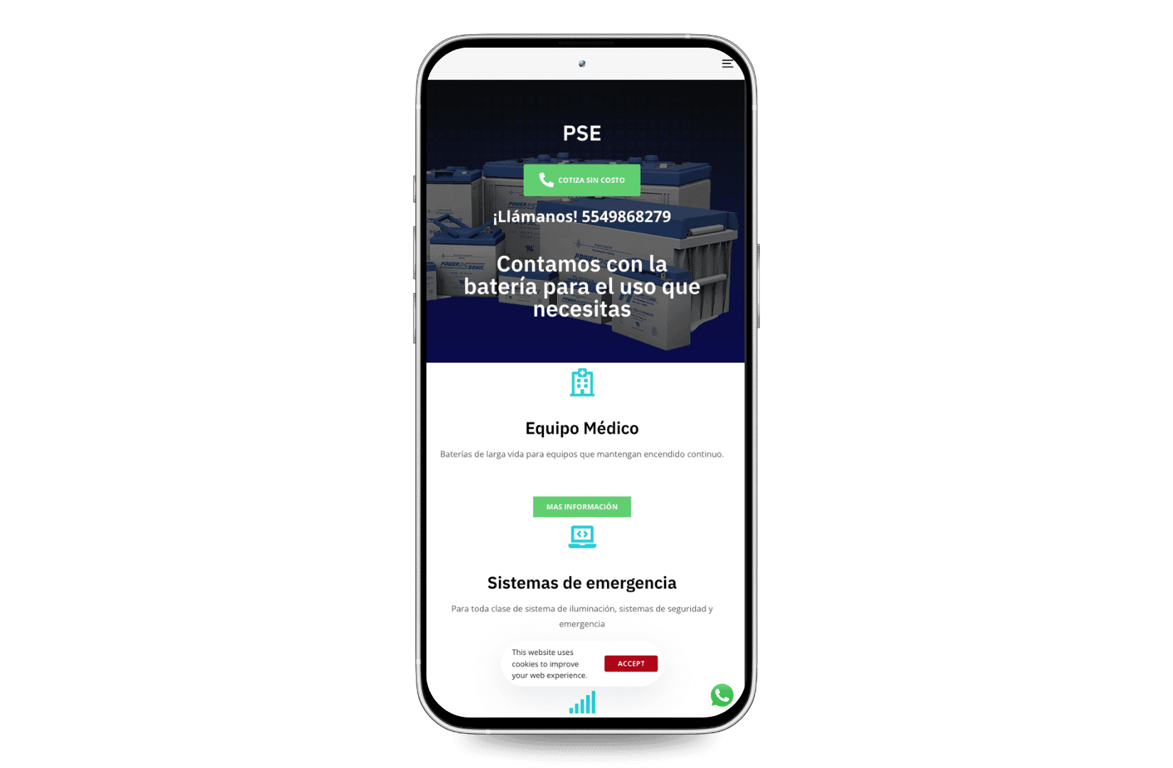 Mockup del sitio de PSE Power Batteries