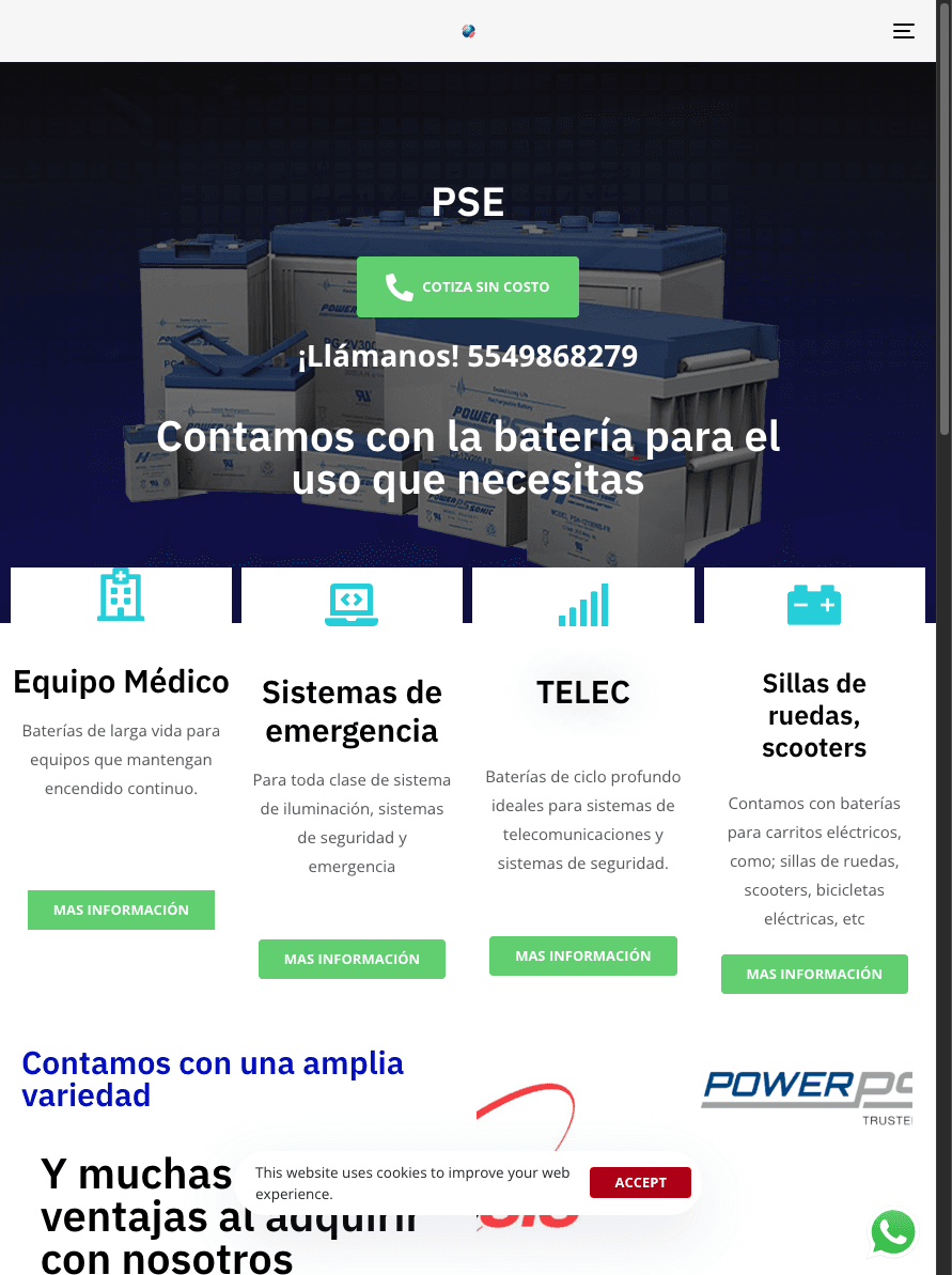 Sitio de PSE Power Batteries en tablet