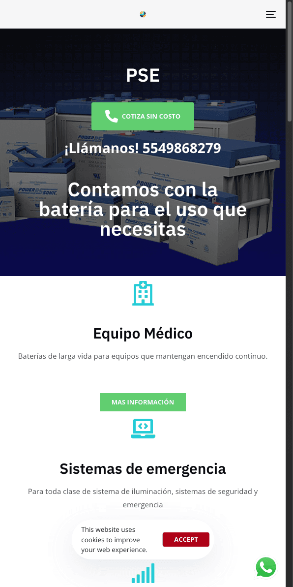 Sitio web de PSE Power Batteries en celular
