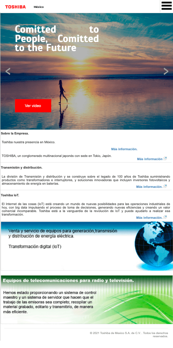 Sitio web de Toshiba México en celular