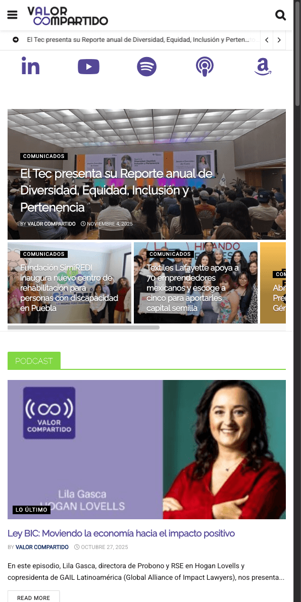 Sitio web de Valor Compartido en celular